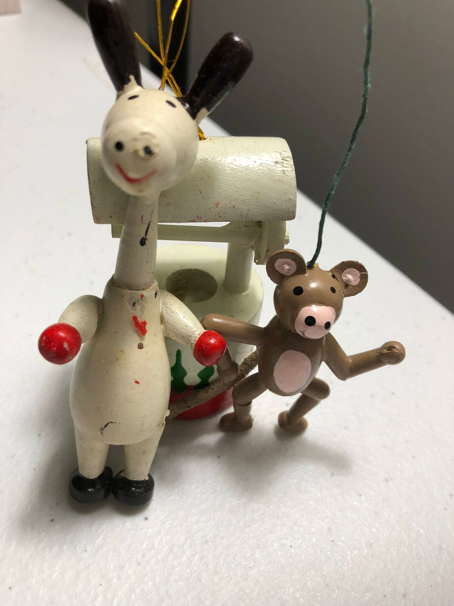 Wooden Ornaments Vintage Set of Three Monkey, Wishing Well, Horse