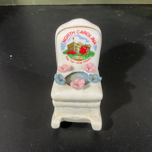 North Carolina The Tar Heel State Souvenir Pincushion Porcelain Rocking Chair Vintage Sewing Notion Collectible