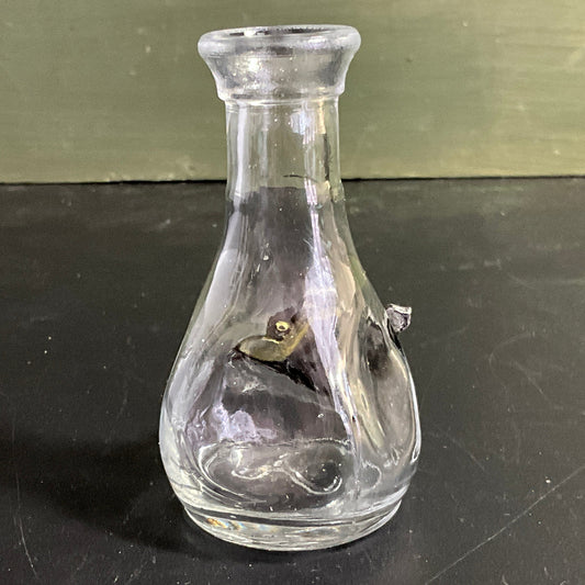 Pretty pewter 3D Rose on nice pinched clear glass mini bud vase vintage collectible