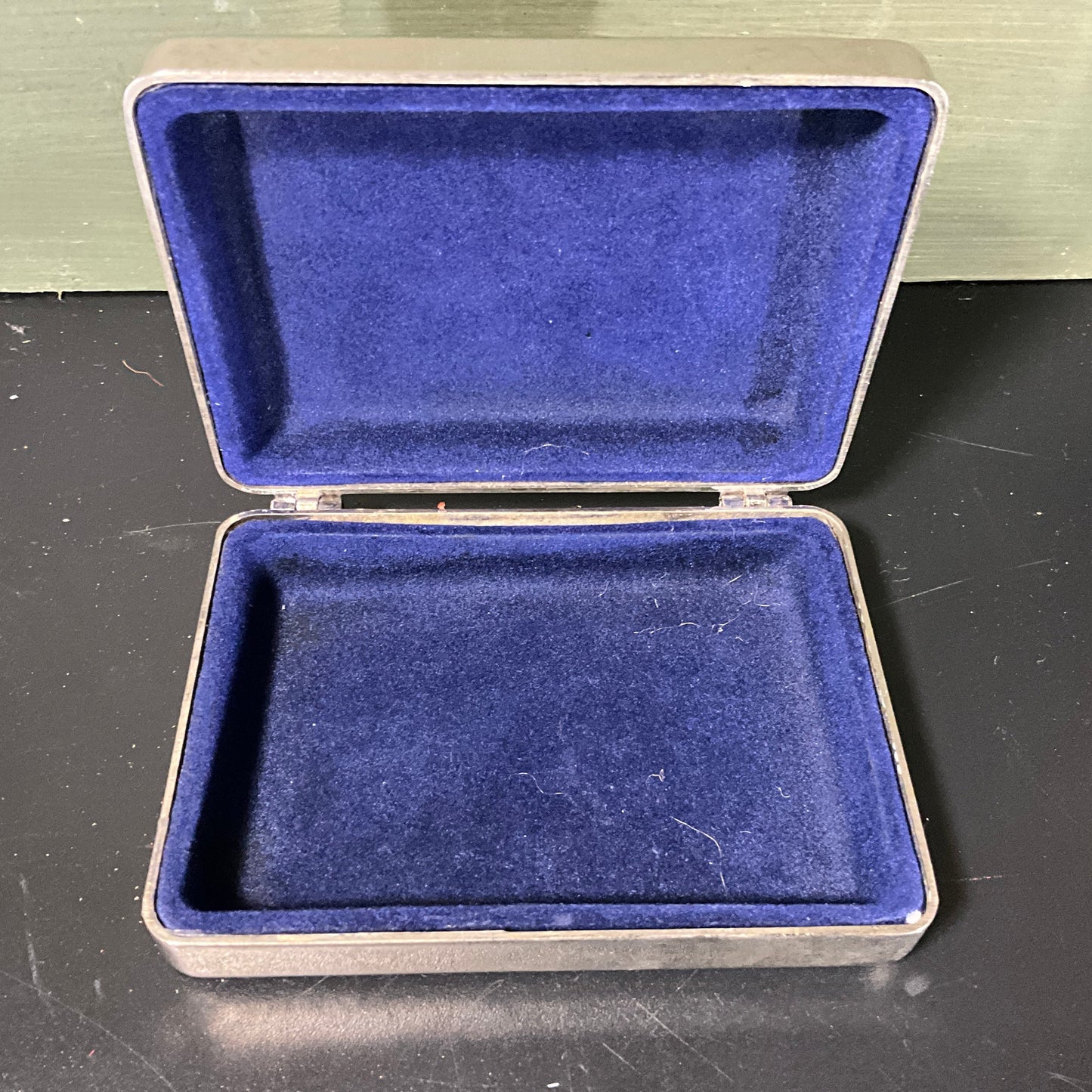 Racing Horse and Jockey Engraved chrome metal blue velour lined dresser box vintage collectible jewelry trinket box 5 by 4 inches