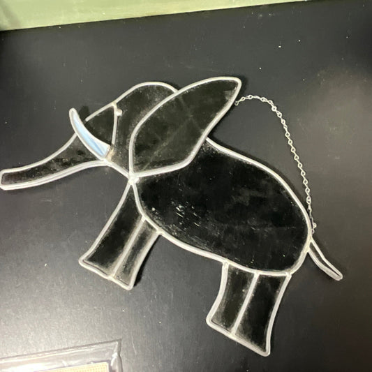 Large leaded stained glass elephant vintage collectible wall/window hanging on chain 11 by 8 inches