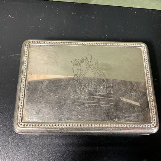 Racing Horse and Jockey Engraved chrome metal blue velour lined dresser box vintage collectible jewelry trinket box 5 by 4 inches