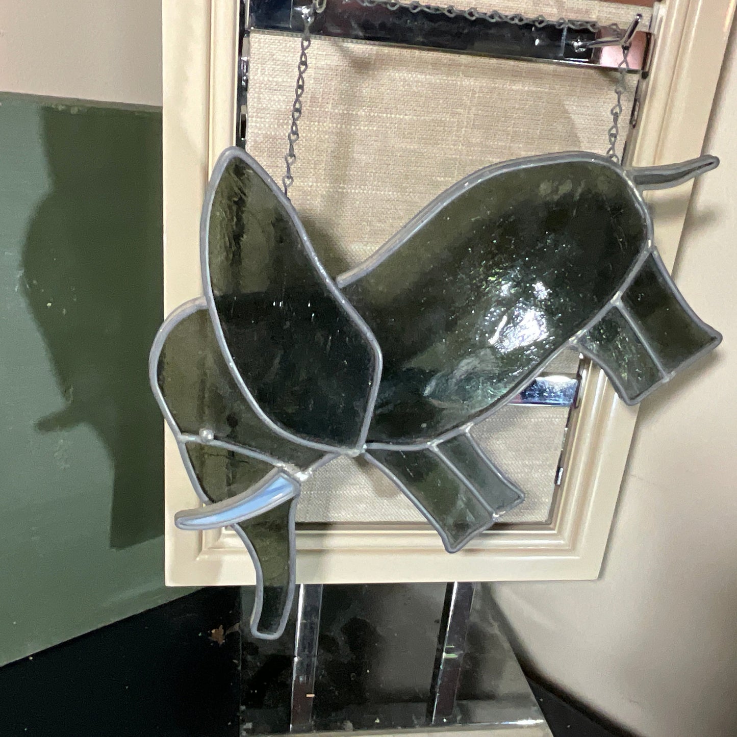 Large leaded stained glass elephant vintage collectible wall/window hanging on chain 11 by 8 inches