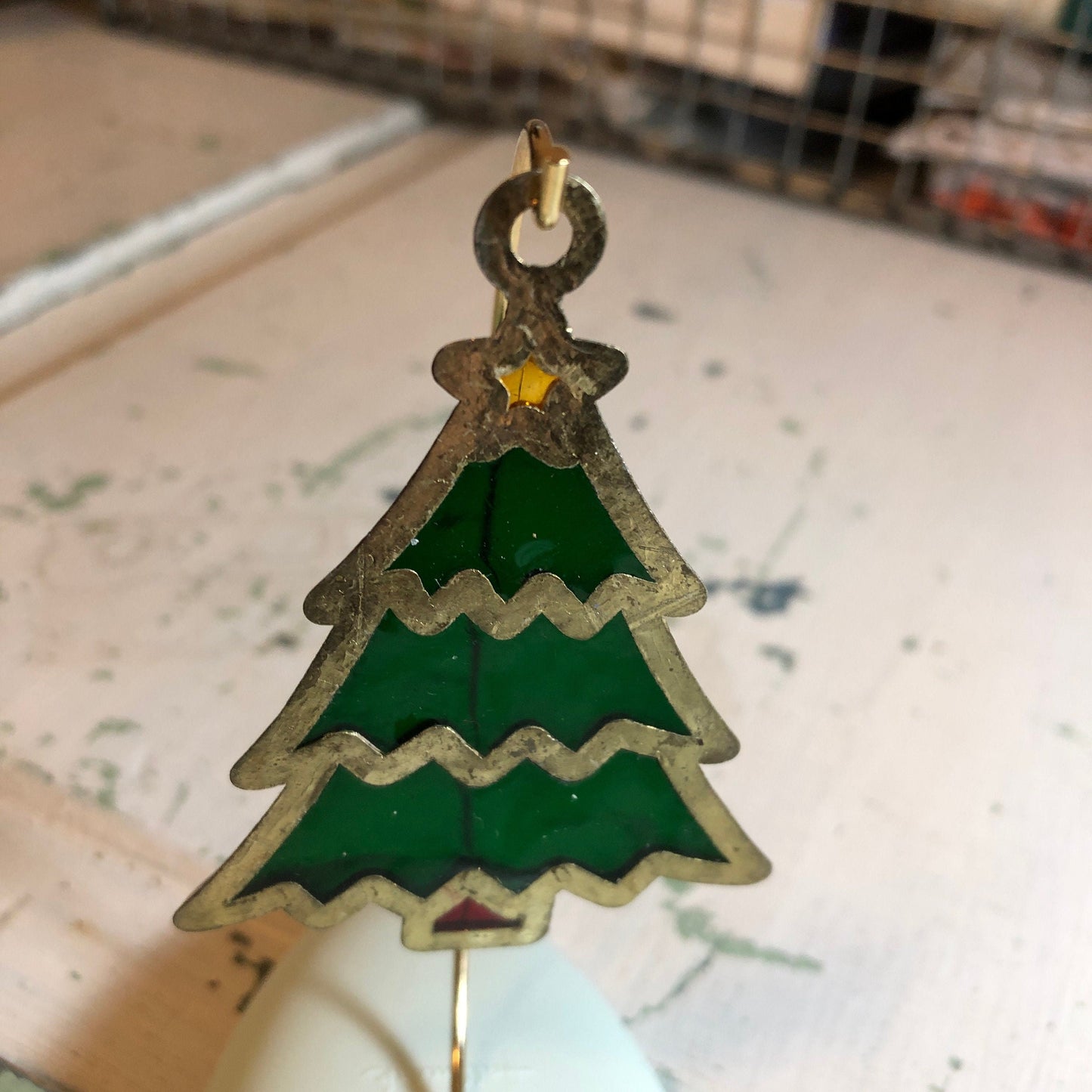 Stained Glass Evergreen Tree, Vintage, Gold Tone, Mini Ornament