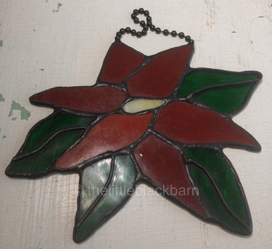 Stained Glass, Set of 3 Nice, Poinsettia, Santa, and Bell, Vintage Holiday Ornaments