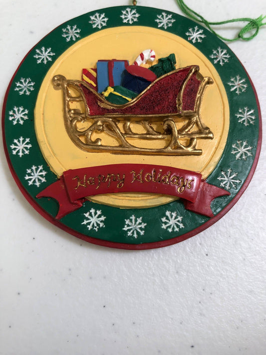 Santas Sleigh Full of Presents, "Happy Holidays" Vintage, Resin, Christmas Tree Ornament