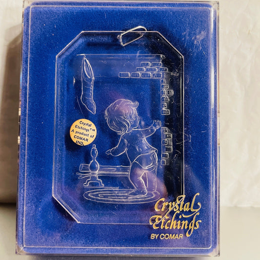 Crystal Etchings By Comar Boy At The Fireplace Looking For Santa , Vintage 1977, Acrylic Ornament