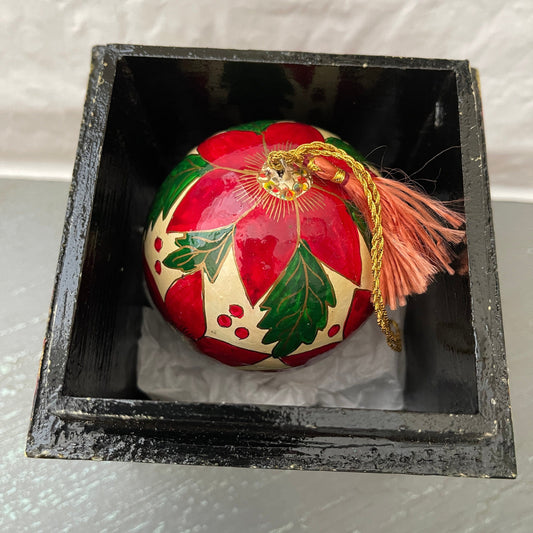 Pretty Poinsettia ornament with matching wooden storage cube, vintage collectible ball ornament