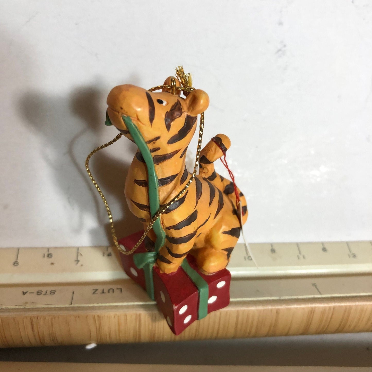Tiger Sitting On A Wrapped Gift Box, Vintage Christmas Ornament