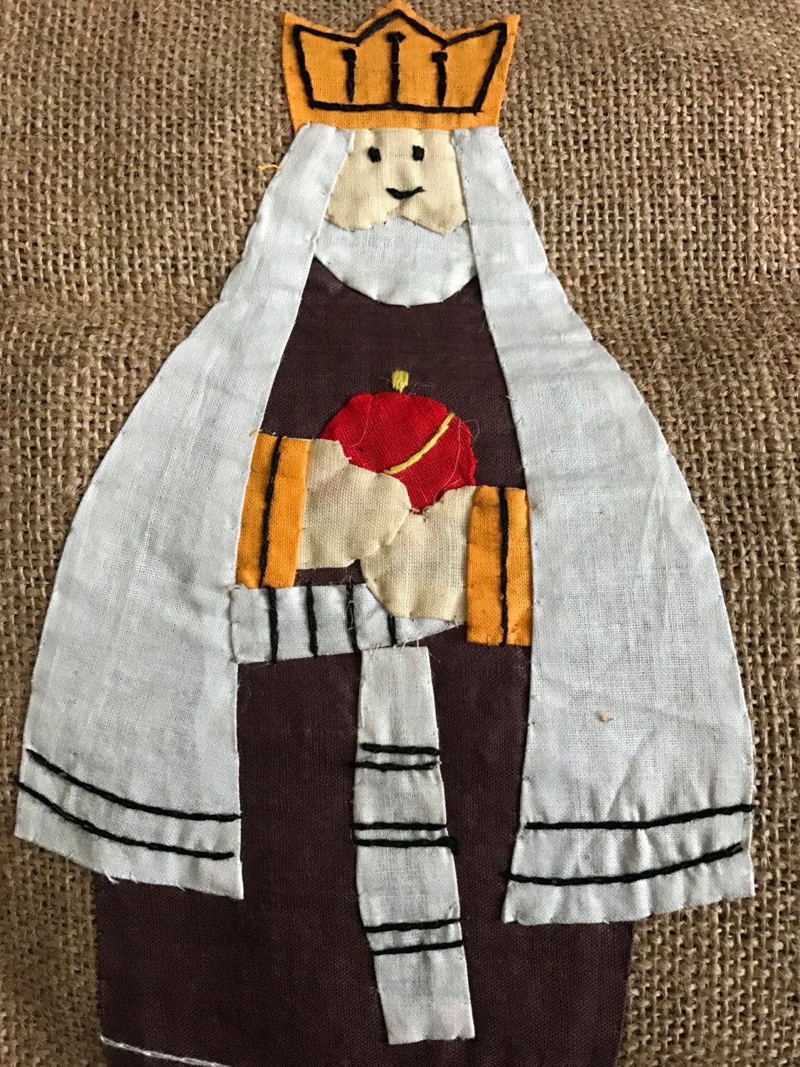 Handstitched stocking on Burlap