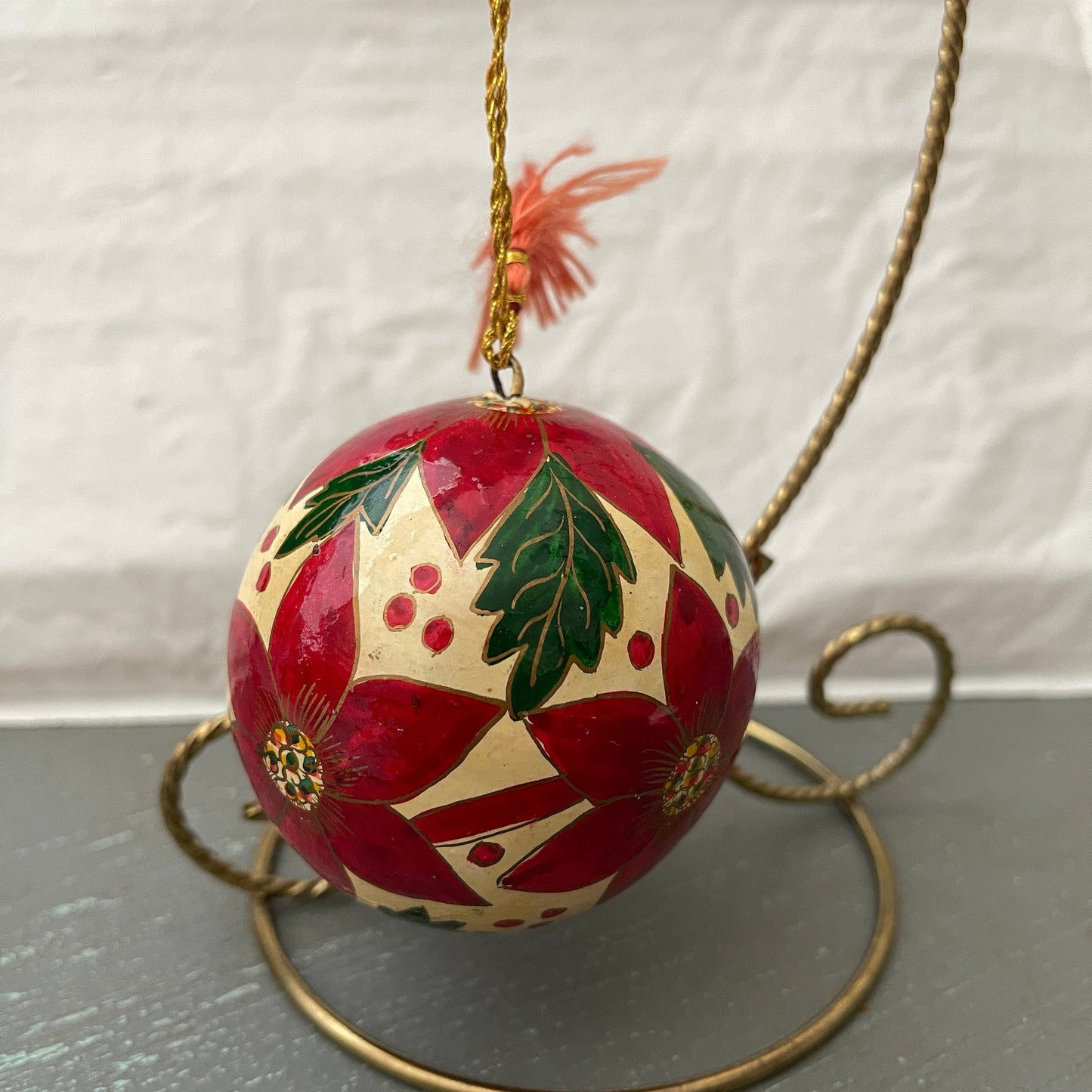 Pretty Poinsettia ornament with matching wooden storage cube, vintage collectible ball ornament