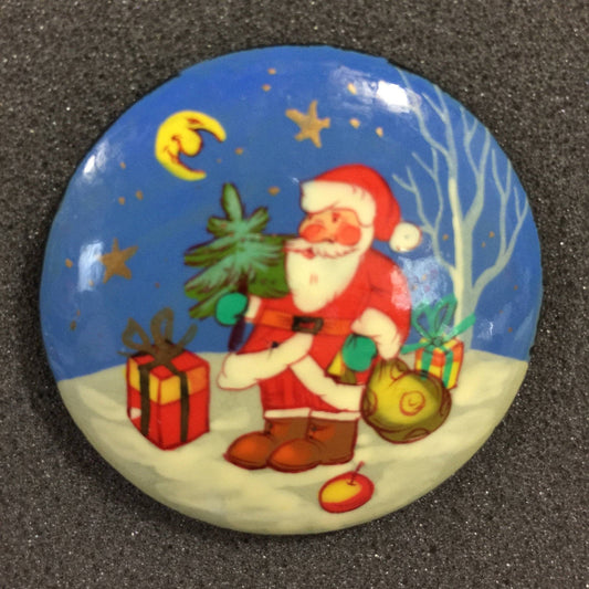 Santa with Christmas tree, wooden pin, vintage, handmade and painted In Russia by Matryoshka doll artist