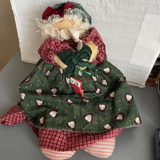 Primitive Hand Made Christmas Rag Doll Holding a Wooden Stocking Ornament 17 Inches Tall