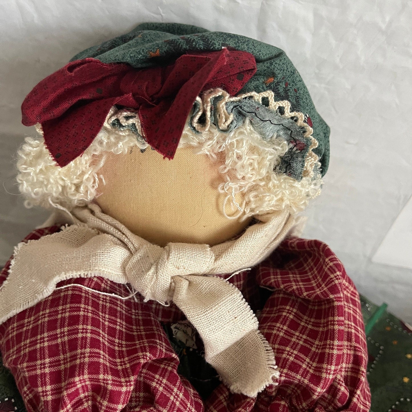 Primitive Hand Made Christmas Rag Doll Holding a Wooden Stocking Ornament 17 Inches Tall