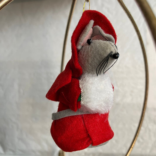 Pretty Little Lady Mouse In Red Bonnet and Coat with White Hand Warmer Vintage Felt Christmas Ornament