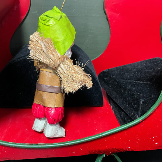 Precious paper mache' Krampus German style stick carrying Elf ornament 4.5 inches