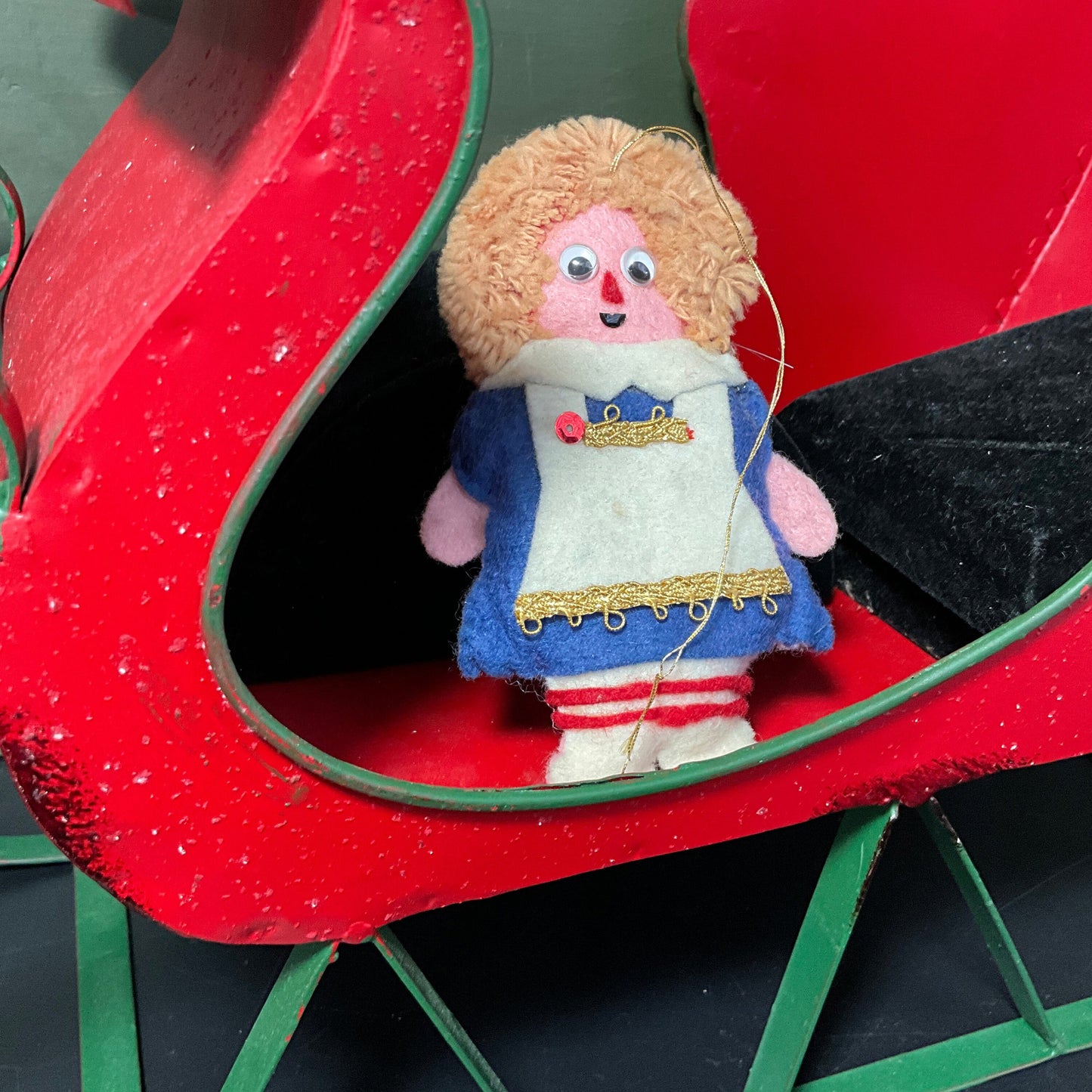 Handcrafted raggedy style felt doll with moving eyes vintage ornament