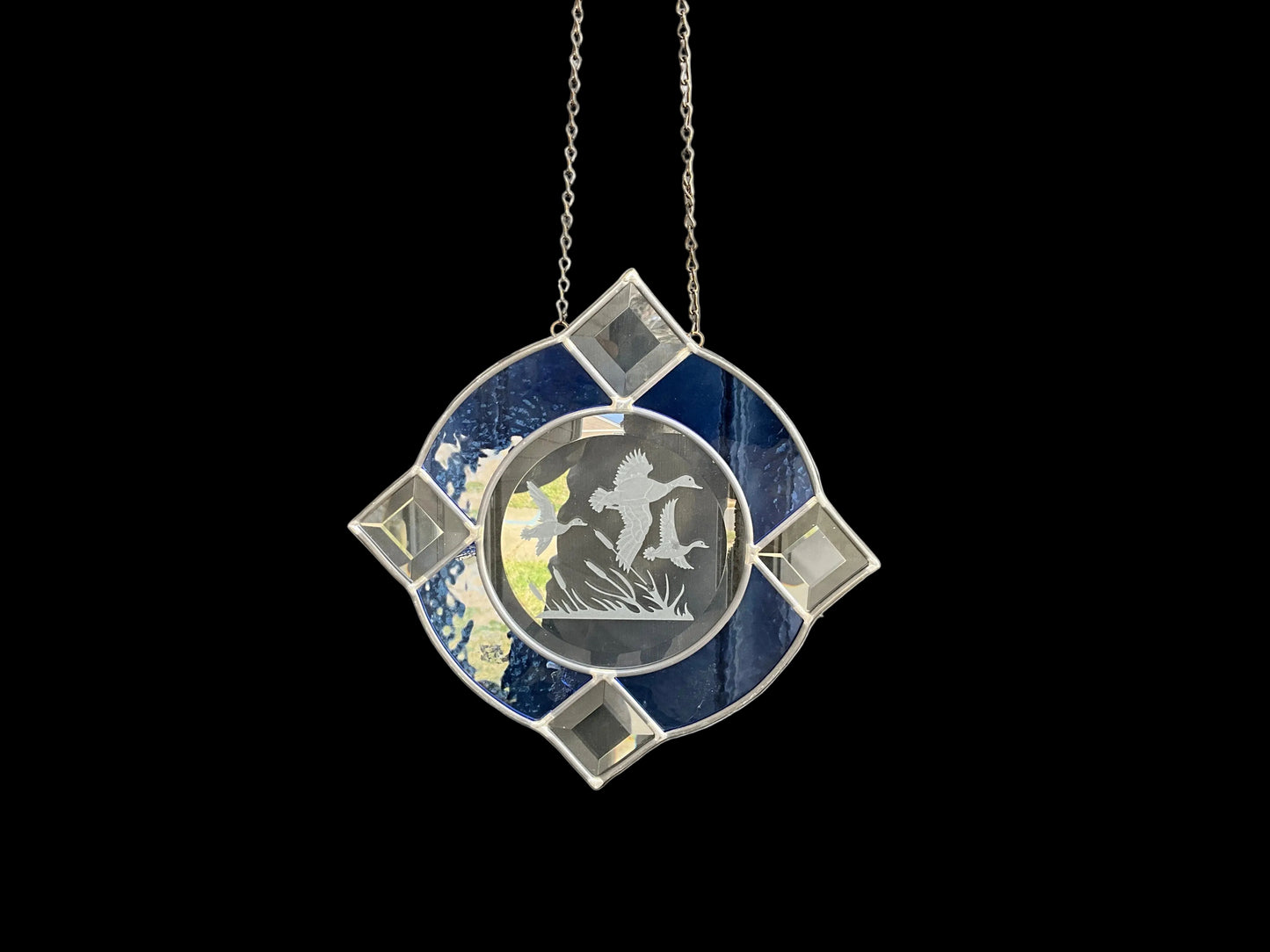 Ducks in flight absolutely beautiful 9.5 inch blue & clear leaded stained glass window/wall hanging on long chain