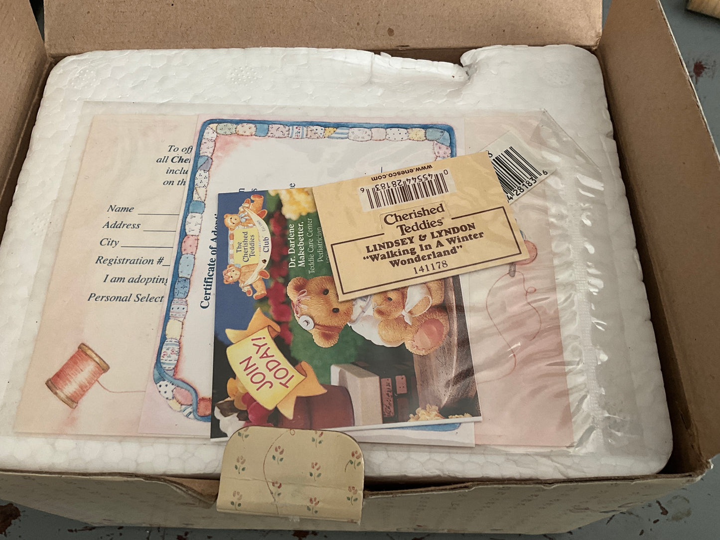 Cherished Teddies Lindsey and Lyndon walking in a winter wonderland boy pushing a girl in a sleigh figurine