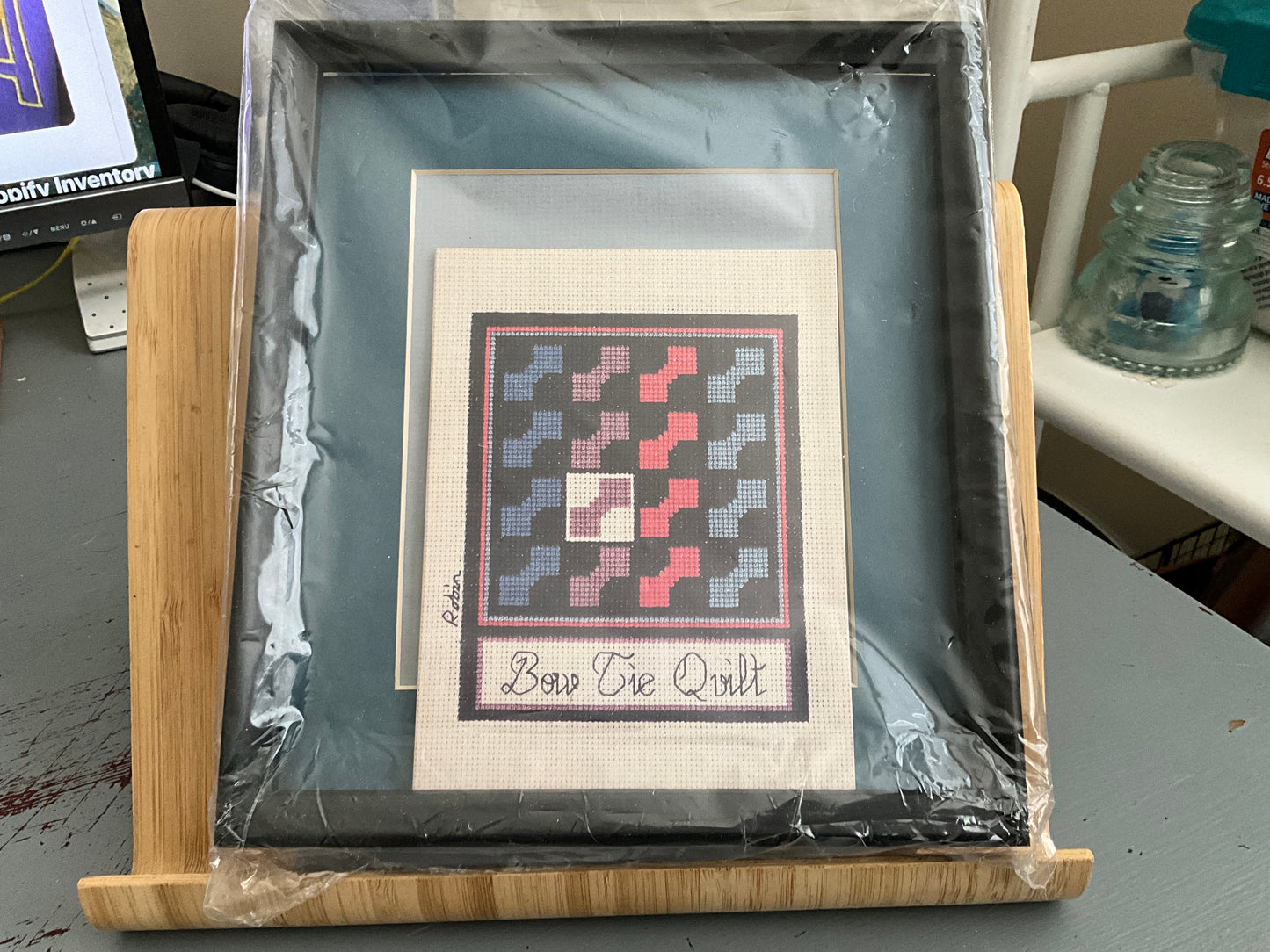 Bow Tile Quilt cross stitch kit with mat & frame