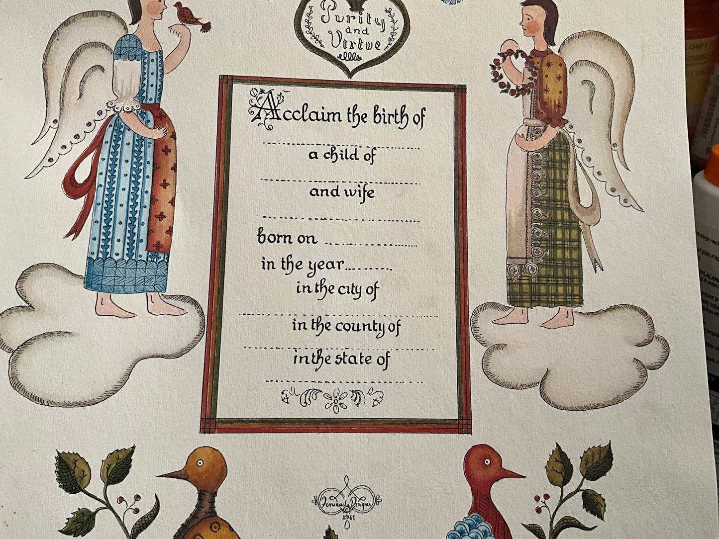 Acclaim of a birth announcement on beautifully printed Purity and Virtue depicted on heavy stock ready to be completed and framed by you!