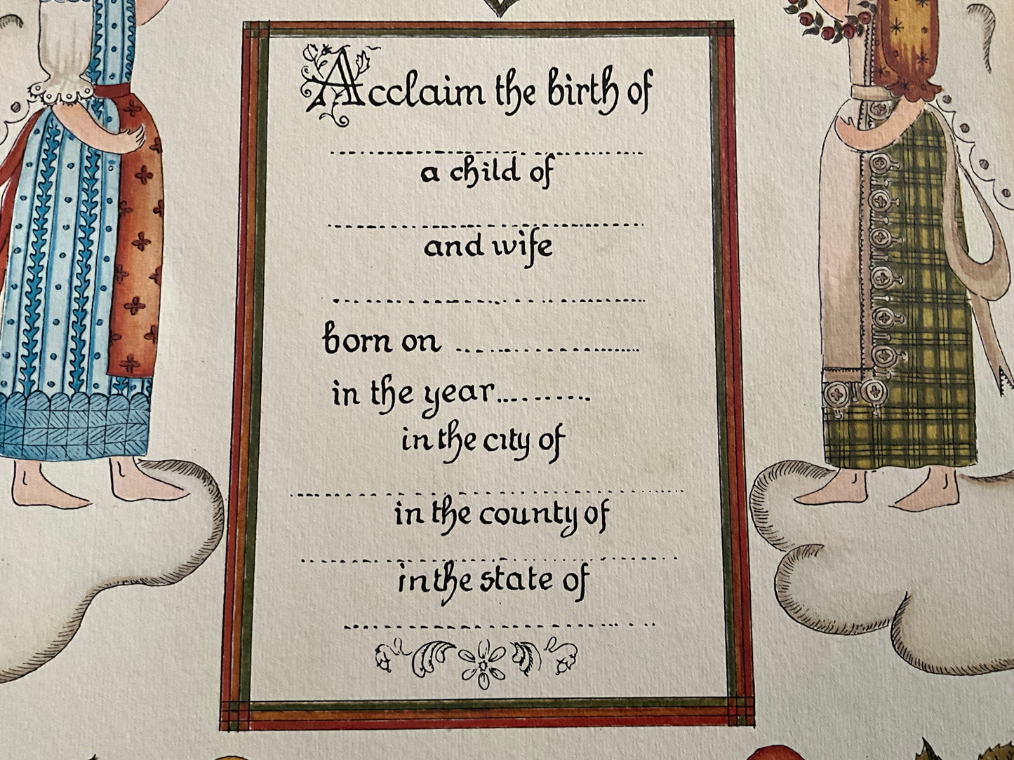 Acclaim of a birth announcement on beautifully printed Purity and Virtue depicted on heavy stock ready to be completed and framed by you!