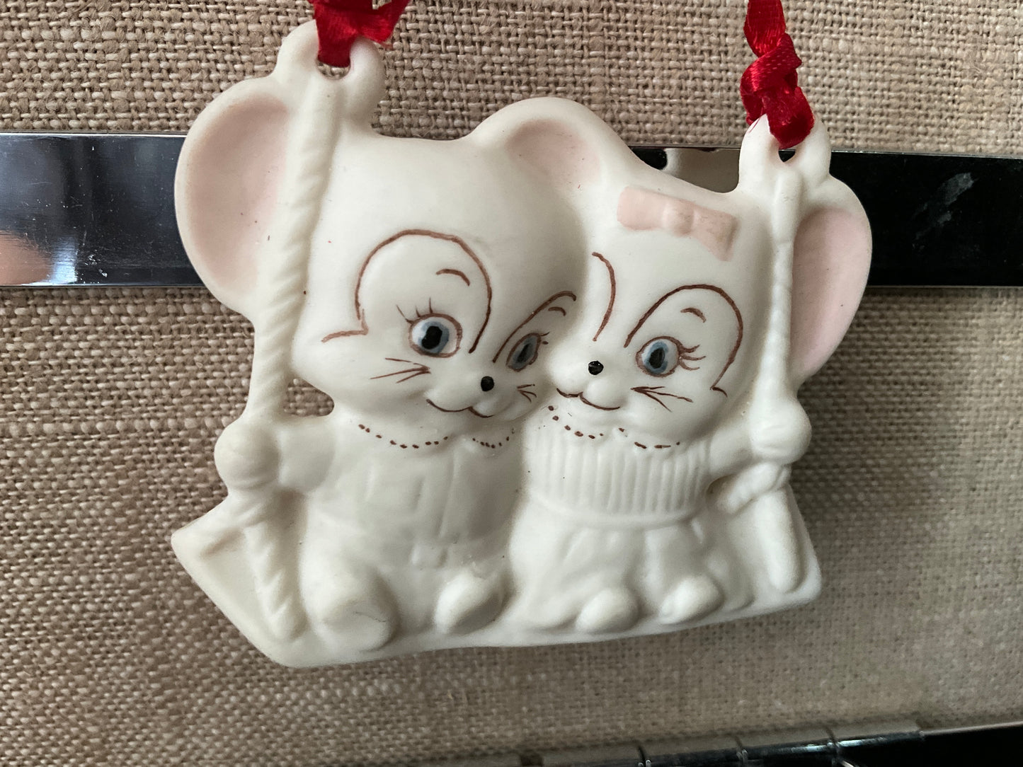 Precious pair of mice on a swing porcelain Christmas ornament