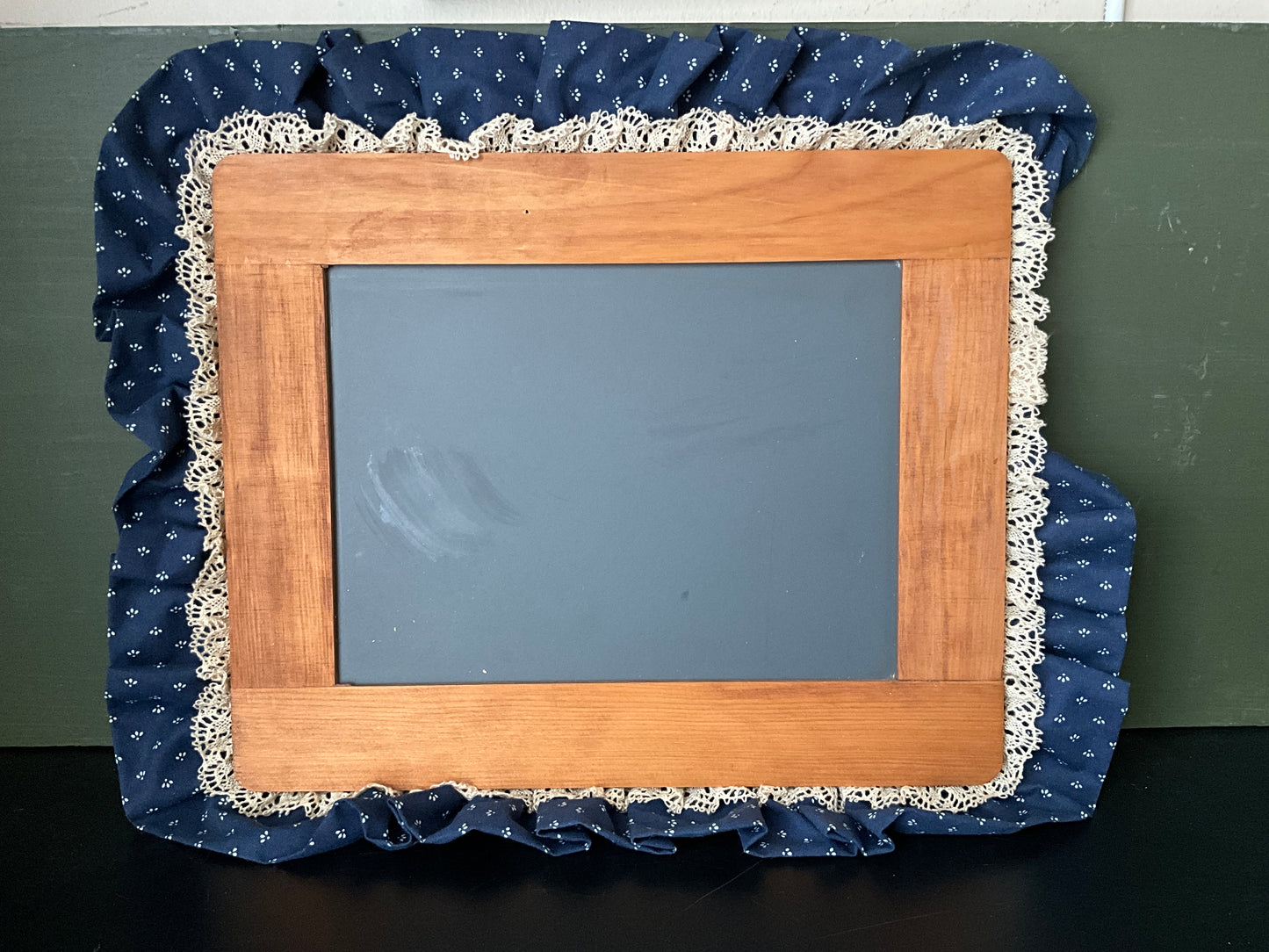 Charming country chalk board with wood frame trimmed in lace & blue ruffle 9 by 11 inch wall hanging