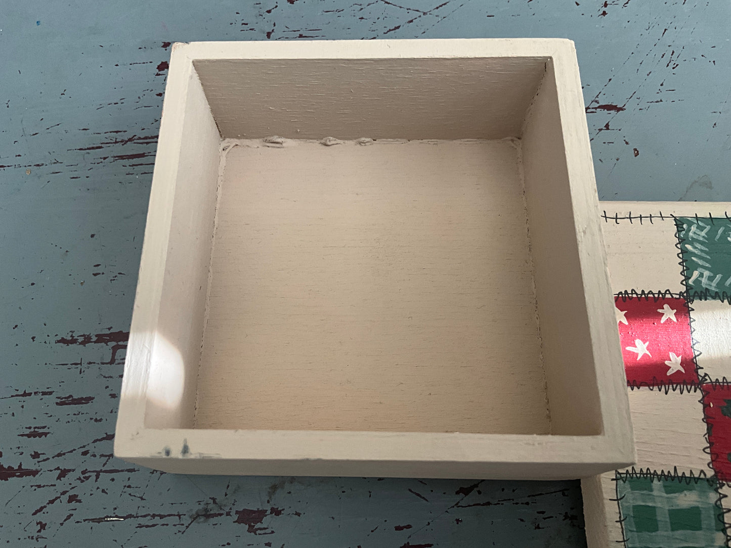 Lovely little wooden hand painted patchwork quilt on lid 3.25 inch square trinket box by Karen Clark!