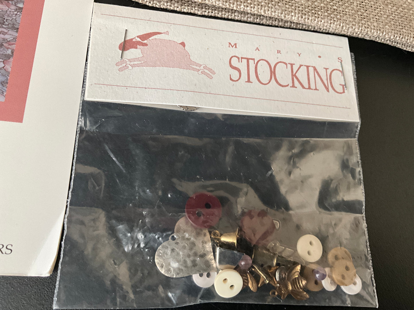 Shepherd’s Bush Mary’s Stocking cross stitch chart with natural linen fabric 18”x24” and embellishments pack included!