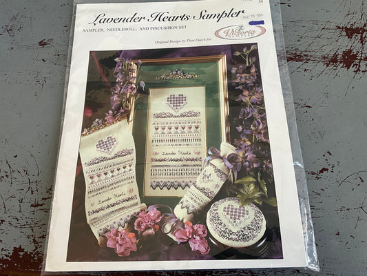 The Victoria Sampler Lavender Hearts Sampler Kit with fabric & embellishments