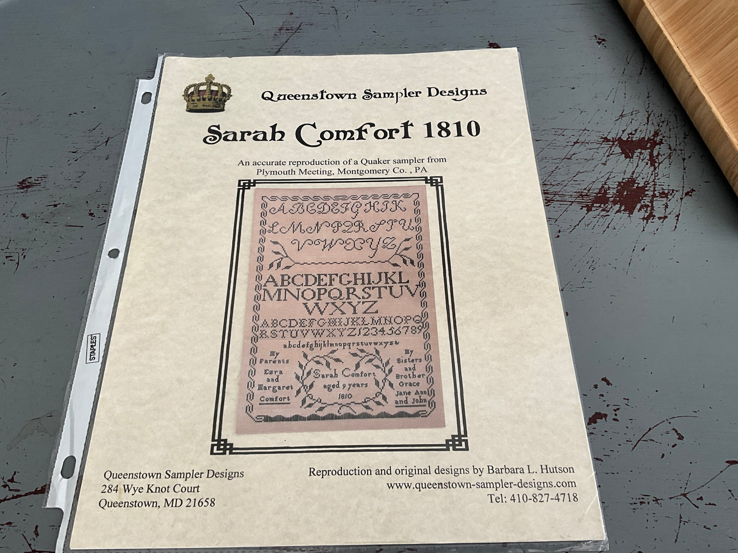 Queenstown Sampler Designs Sarah Comfort 1810 counted cross stitch chart