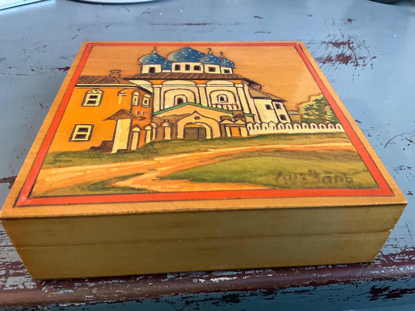 Russian blue domed church Cathedral hand painted embossed wooden trinket/jewelry box signed by artist