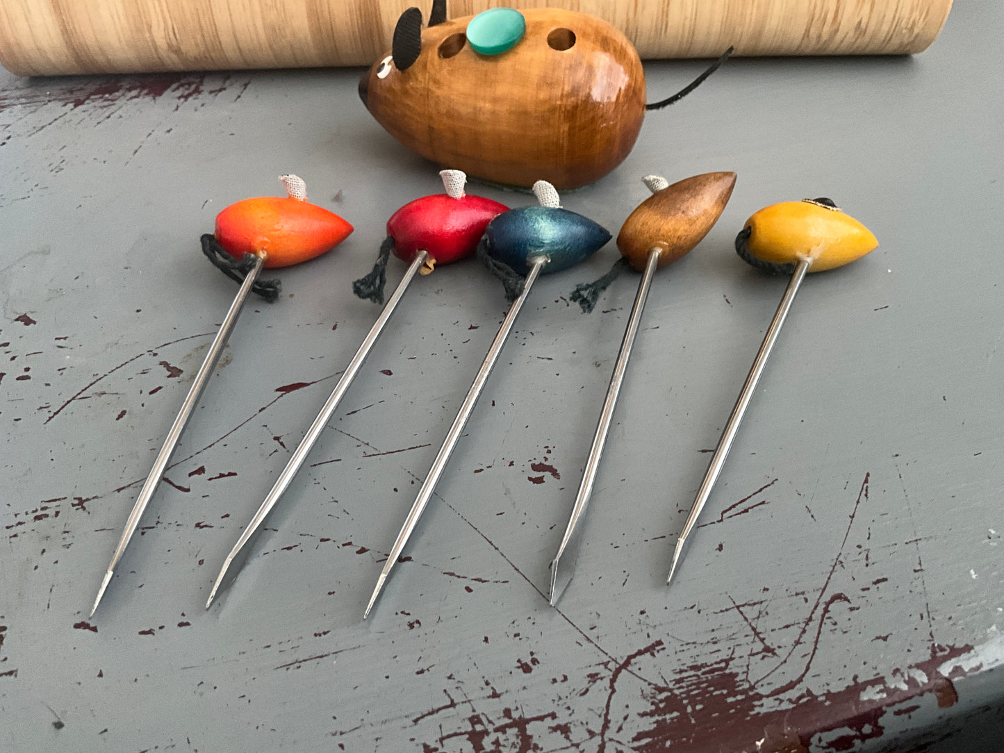 Wonderful wooden mouse holding a set of 5 jewelers tools with wooden mouse heads (see pictures for tools)