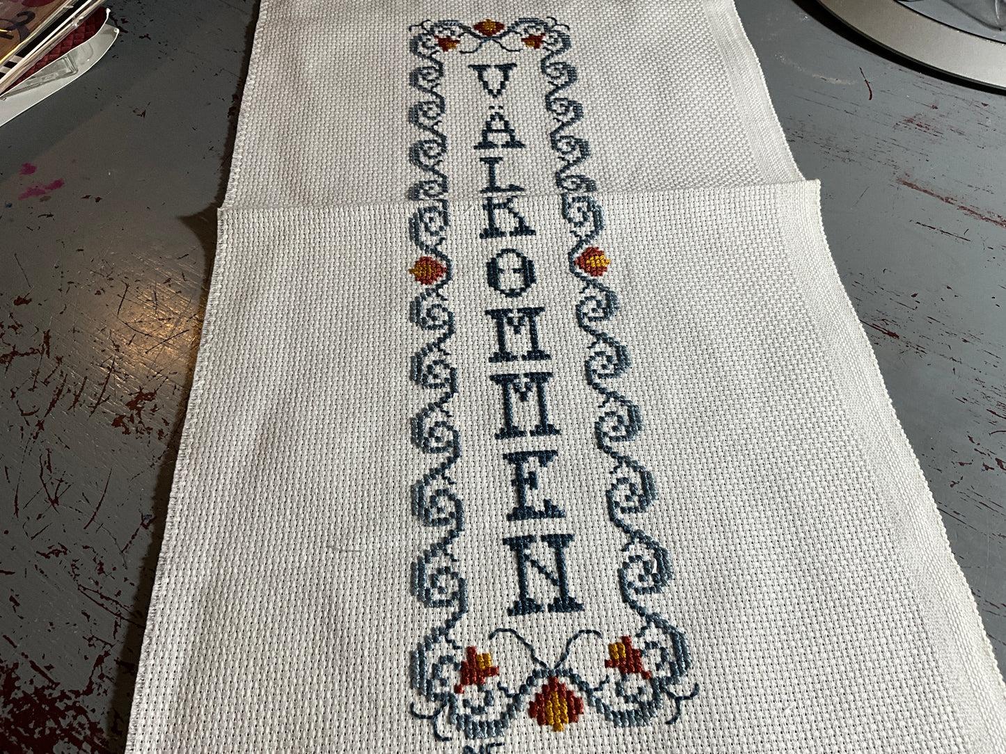 Valkommen Swedish for Welcome completed cross stitch picture