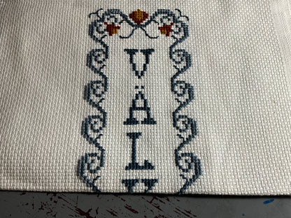 Valkommen Swedish for Welcome completed cross stitch picture