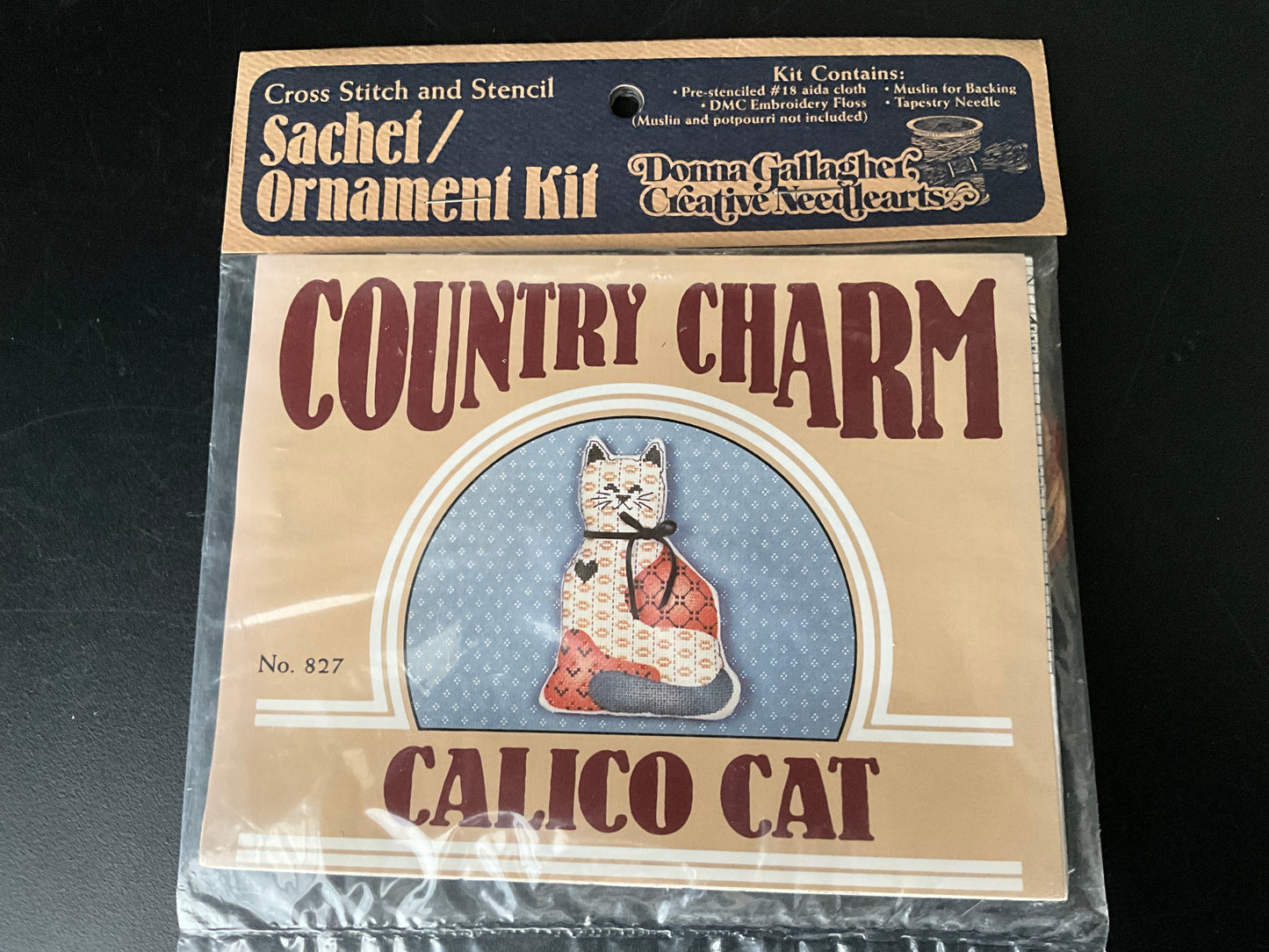 Donna Gallagher Creative Needlearts Country Charm Calico Cat 827 on printed fabric cross stitch kit