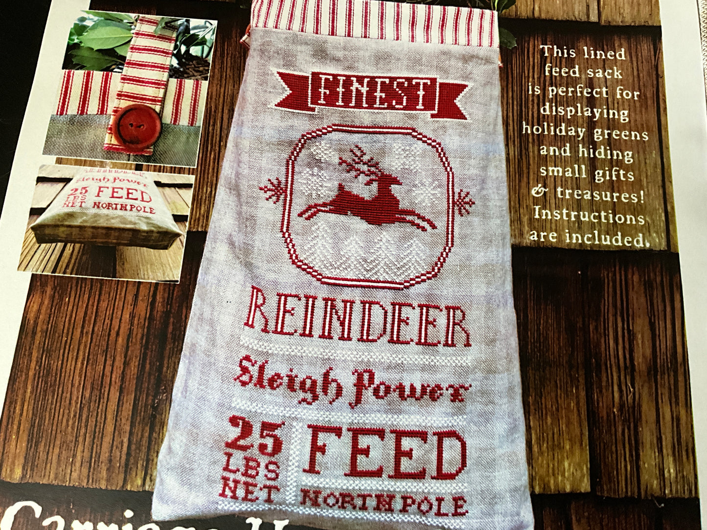 Carriage House Samplings Reindeer Feed Sack cross stitch chart with Gingham Linen 18”x34” fabric included!