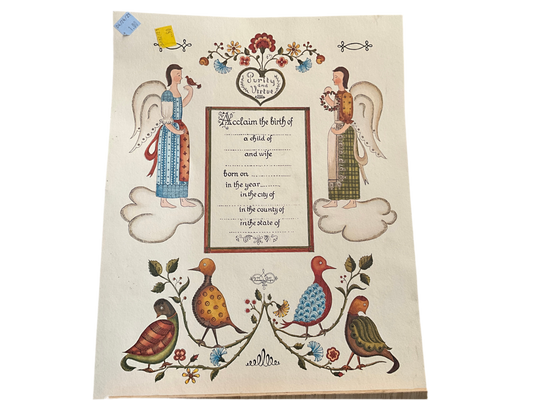 Acclaim of a birth announcement on beautifully printed Purity and Virtue depicted on heavy stock ready to be completed and framed by you!