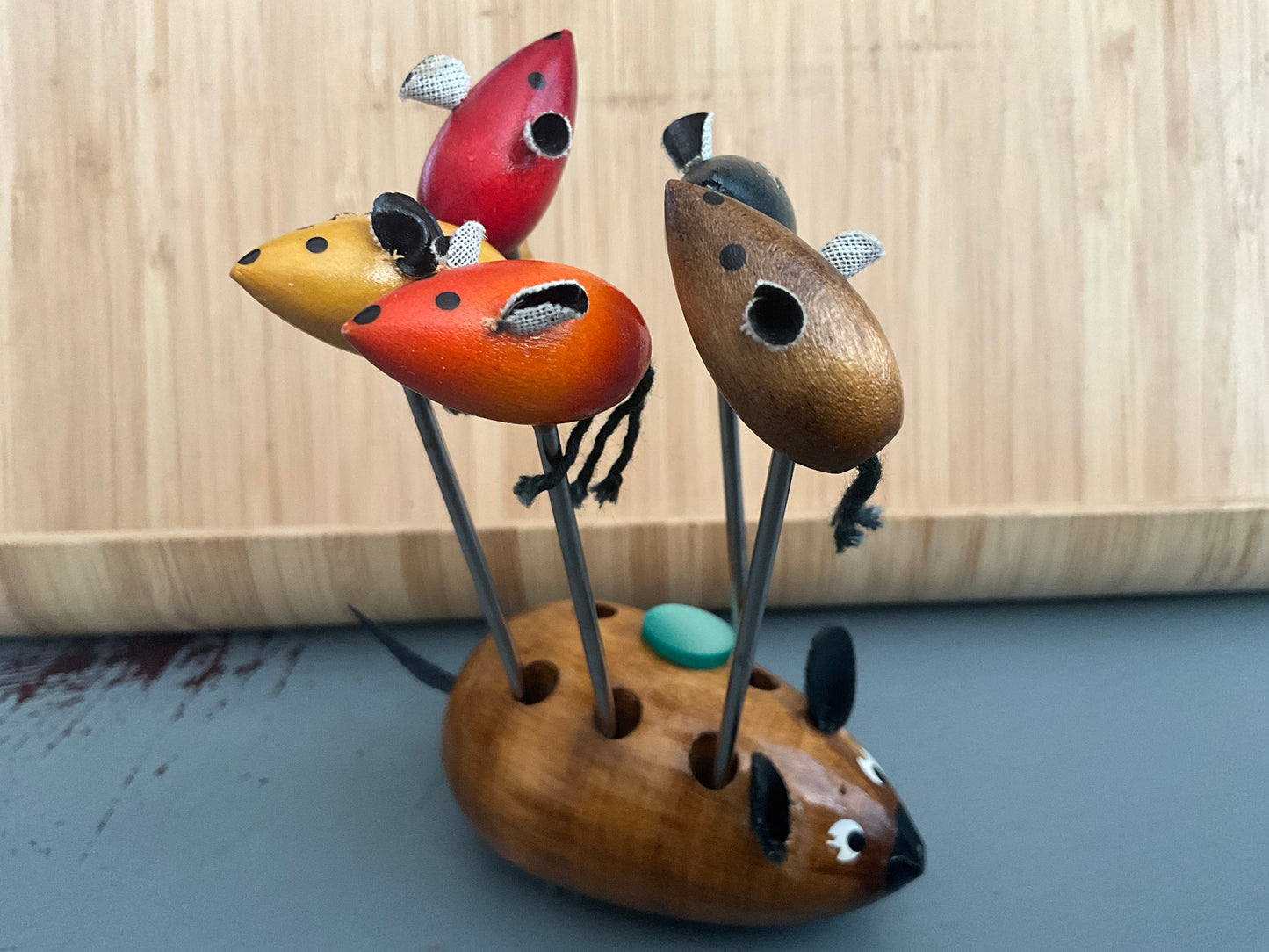 Wonderful wooden mouse holding a set of 5 jewelers tools with wooden mouse heads (see pictures for tools)