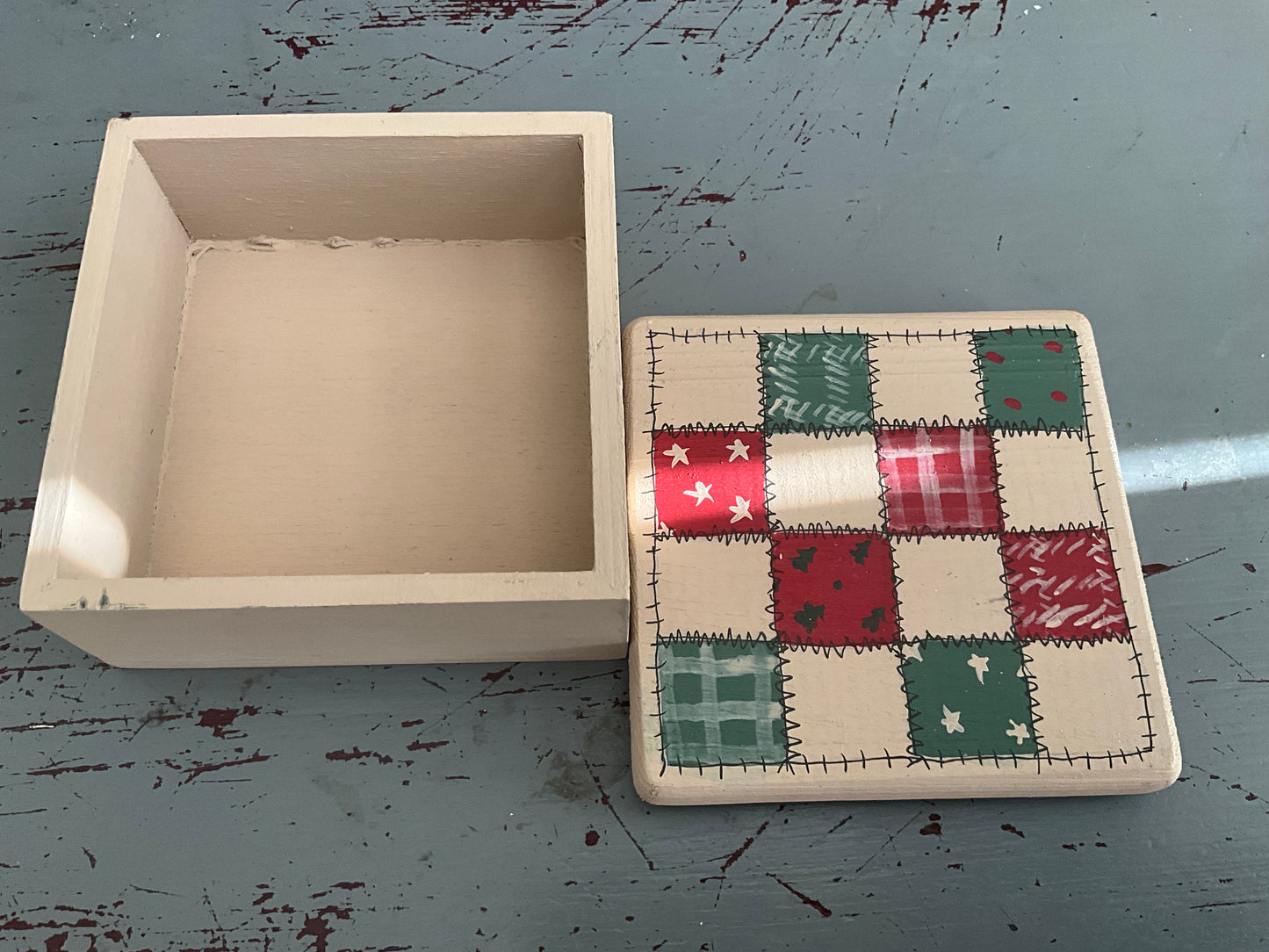 Lovely little wooden hand painted patchwork quilt on lid 3.25 inch square trinket box by Karen Clark!