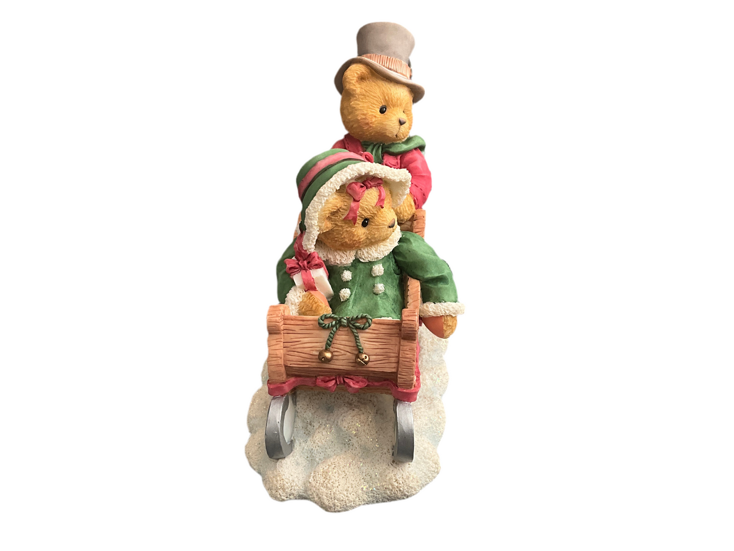 Cherished Teddies Lindsey and Lyndon walking in a winter wonderland boy pushing a girl in a sleigh figurine