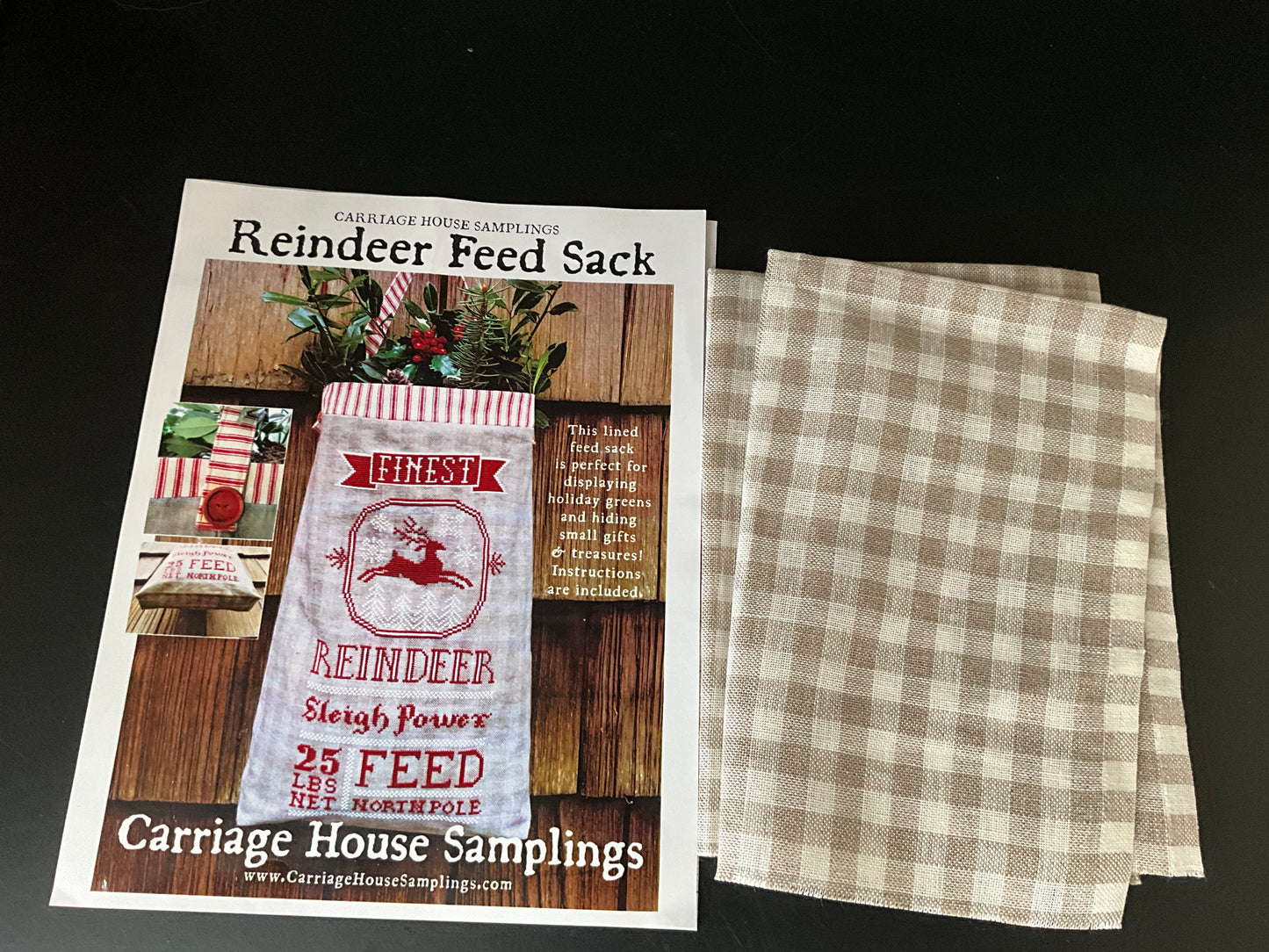 Carriage House Samplings Reindeer Feed Sack cross stitch chart with Gingham Linen 18”x34” fabric included!