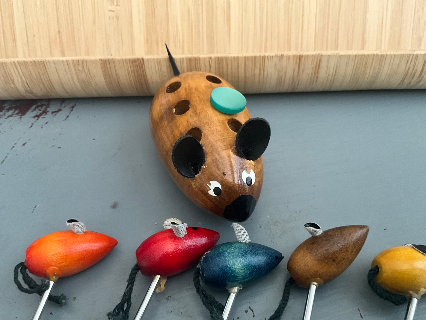 Wonderful wooden mouse holding a set of 5 jewelers tools with wooden mouse heads (see pictures for tools)