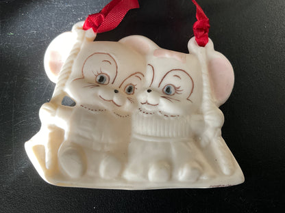 Precious pair of mice on a swing porcelain Christmas ornament