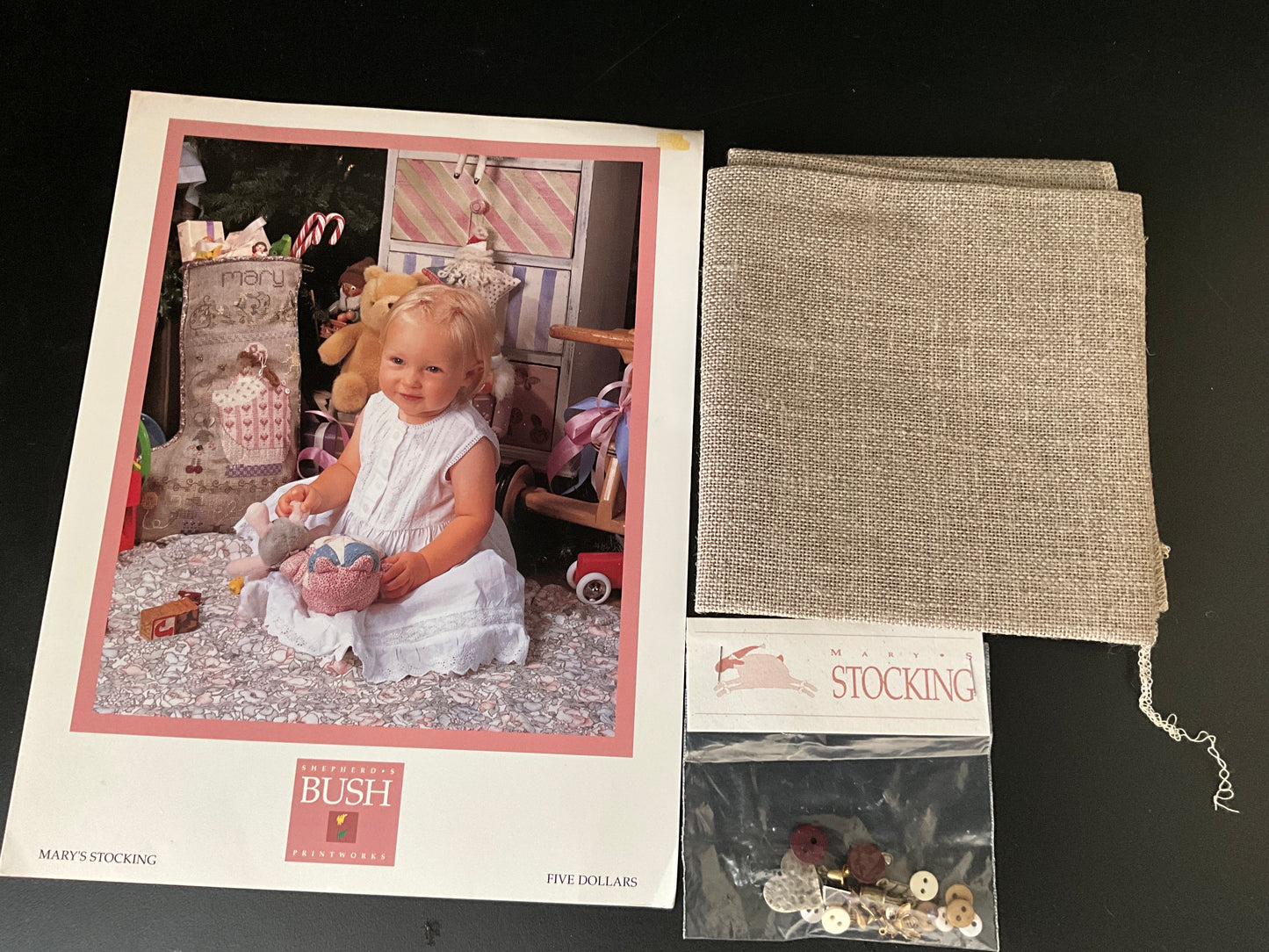 Shepherd’s Bush Mary’s Stocking cross stitch chart with natural linen fabric 18”x24” and embellishments pack included!