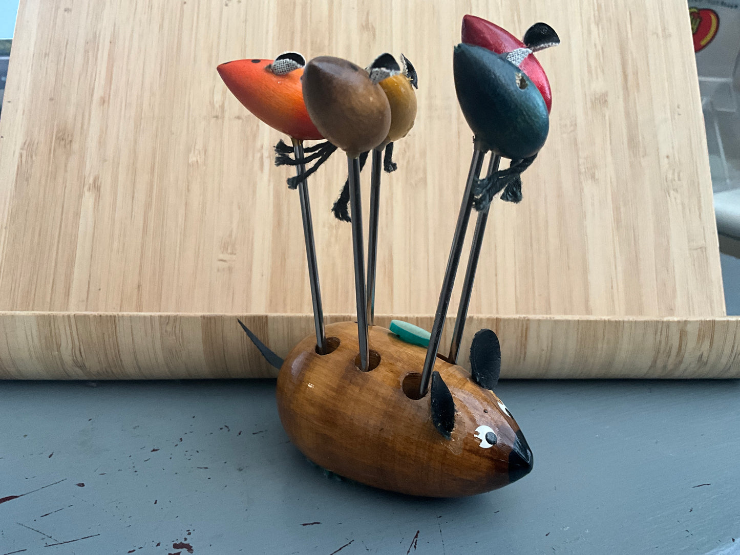 Wonderful wooden mouse holding a set of 5 jewelers tools with wooden mouse heads (see pictures for tools)