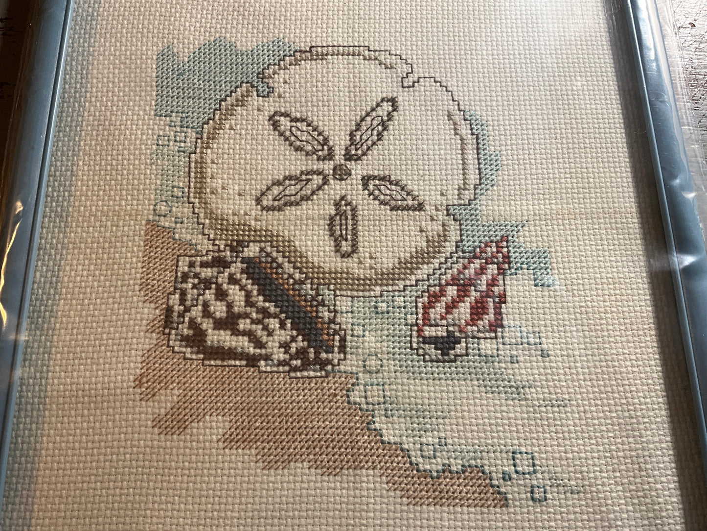 Tranquil beach with sand dollar and seashells cross stitch picture finished project in blue frame