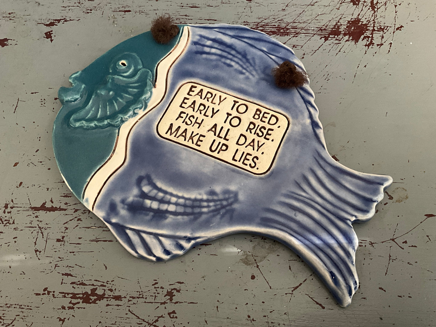 Smoky Mountain Pottery Fish “Early To Bed, Early To Rise, Fish All Day, Make Up Lies.” vintage 1994 porcelain wall hanging