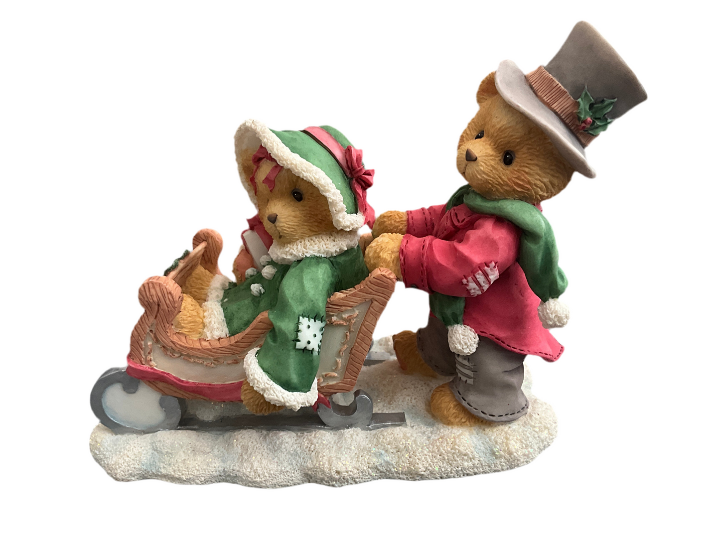 Cherished Teddies Lindsey and Lyndon walking in a winter wonderland boy pushing a girl in a sleigh figurine